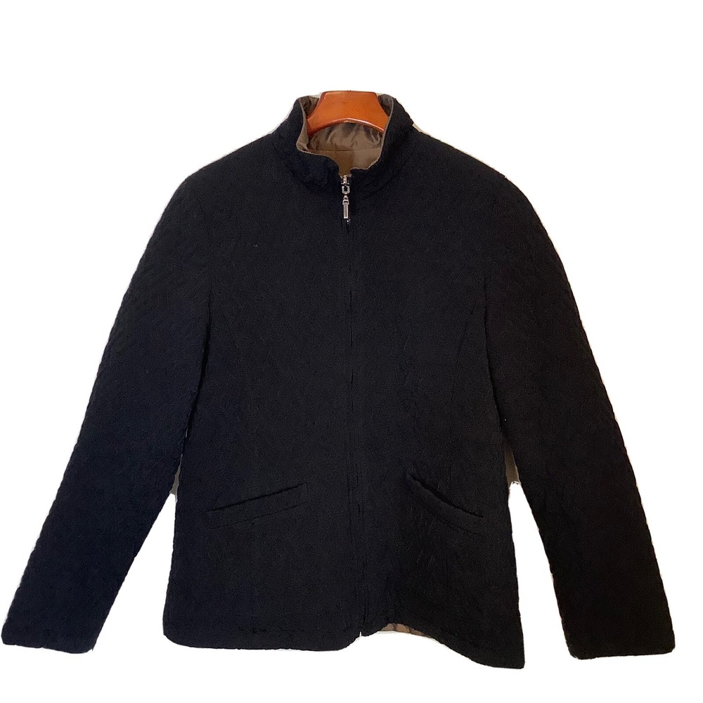 Talbots Reversible Quilted Jacket Black Bronze Metallic Mock Neck Full Zip M